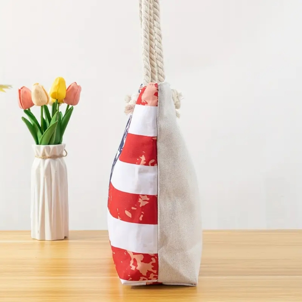 Tie Dye Splashed American Flag Rope Handle Tote - Picture 3 of 9